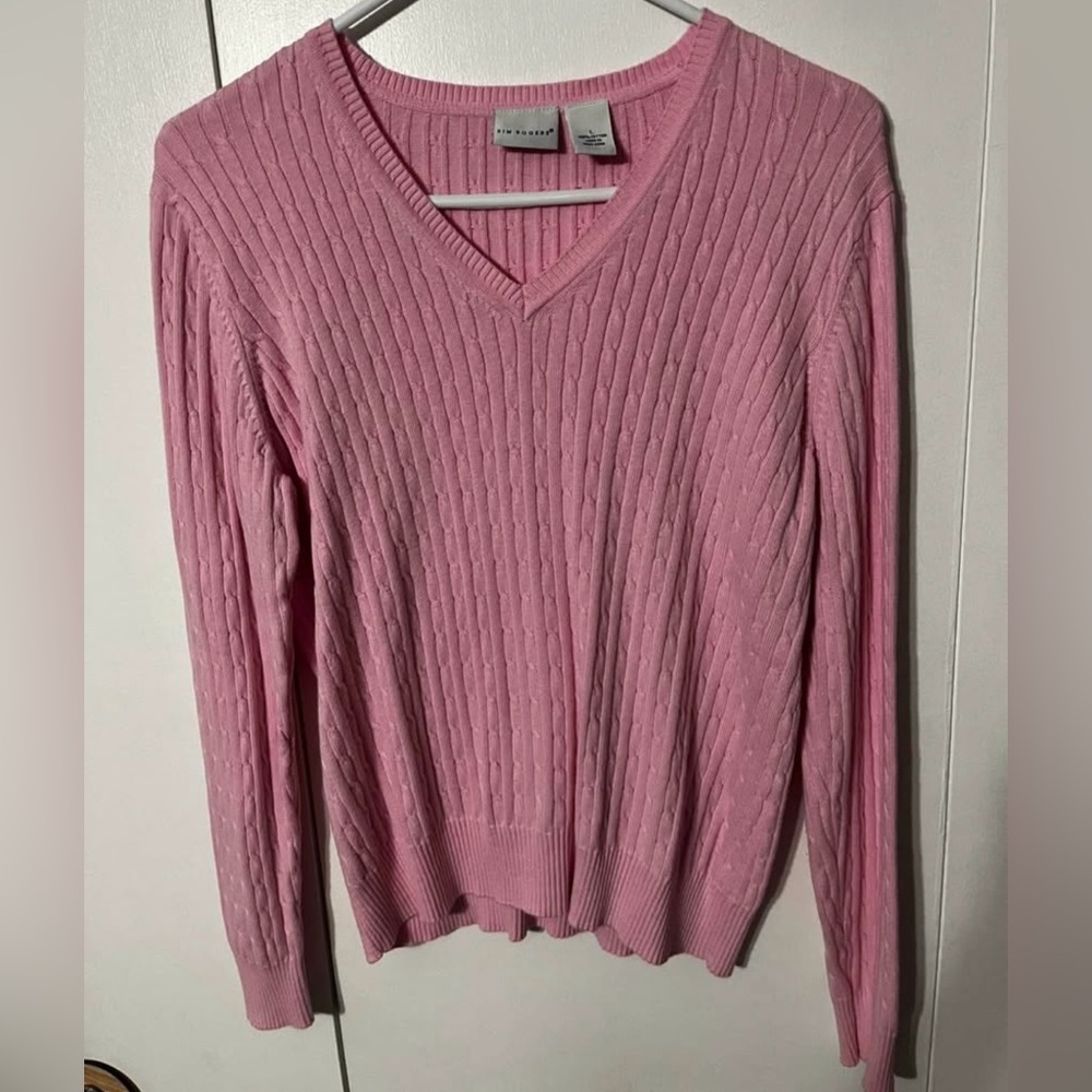 Pink V-Neck Cable Knit Sweater